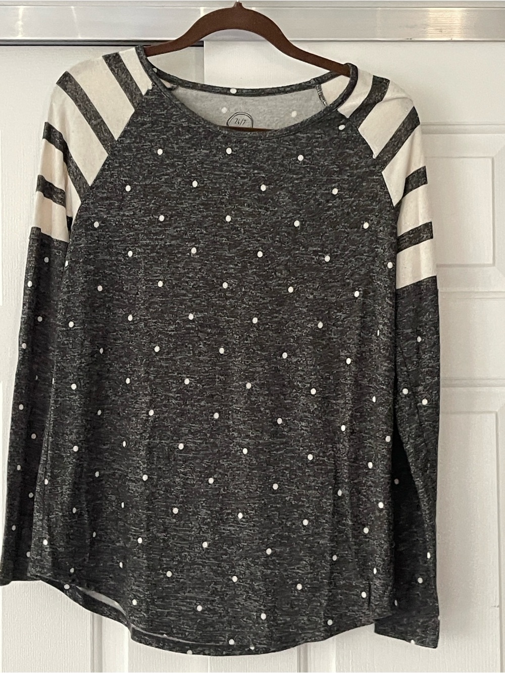 Charcoal Polka Dot Raglan Top with Contrast Stripes Size S